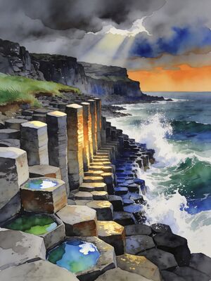 Antrim Coast Carrick-a-Rede Bridge Sunset Watercolor Canvas Print