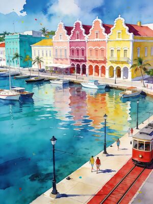 Aruba Oranjestad Downtown Harbor Watercolor Canvas Print