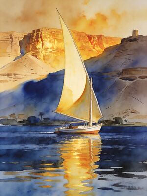 Aswan Nile Feluccas at Elephantine Island Watercolor Canvas Print
