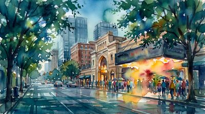 Atlanta Main Boulevard Scene Watercolor Canvas Print