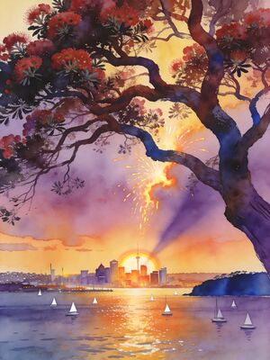 Auckland Sky Tower and Waitemata Harbor Sunset Watercolor Canvas Print