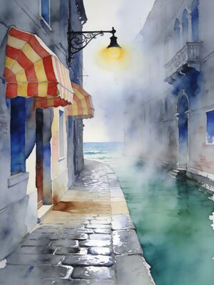 Aveiro Village Square Watercolor Canvas Print