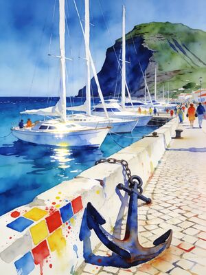 Azores Island Harbor with Boats Watercolor Canvas Print