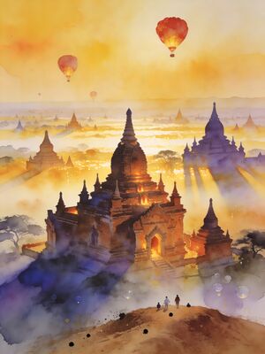 Bagan Ancient Temple Plains at Sunrise Watercolor Canvas Print