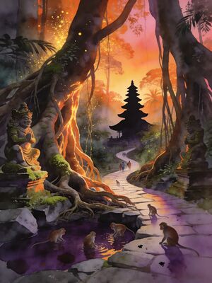 Bali Uluwatu Cliff Temple at Sunset Watercolor Canvas Print