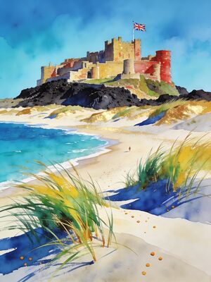 Bamburgh Castle at Golden Hour Watercolor Canvas Print