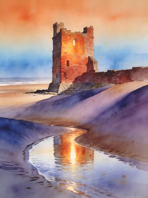 Bamburgh Castle Classic View Watercolor Canvas Print