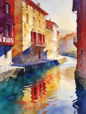 Bayonne Nive River Half-Timbered Houses Watercolor Canvas Print