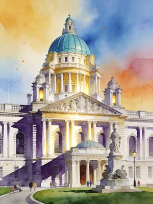 Belfast Historic Church and Town Plaza Watercolor Canvas Print