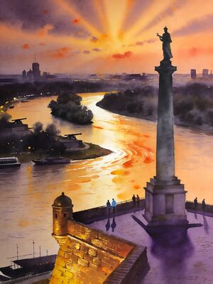 Belgrade Kalemegdan Fortress at Danube Watercolor Canvas Print