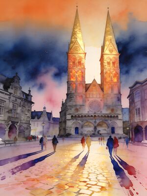 Bergen Historic Church and Town Plaza Watercolor Canvas Print