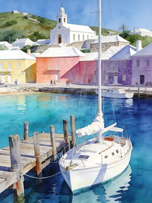 Bermuda Island Harbor with Boats Watercolor Canvas Print