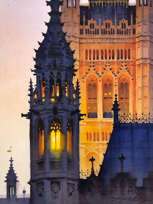 Big Ben Morning Mist Watercolor Canvas Print