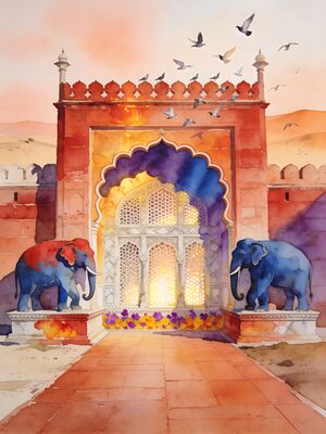 Bikaner Ratan Bihari Temple Watercolor Canvas Print