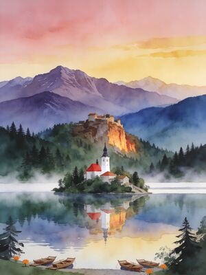 Bled Boat Scene in Vivid Morning Colors Watercolor Canvas Print