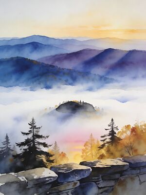 Blue Ridge Parkway Misty Mountain Overlook Watercolor Canvas Print
