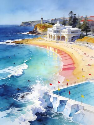 Bondi Beach Iconic Crescent with Surfers Watercolor Canvas Print