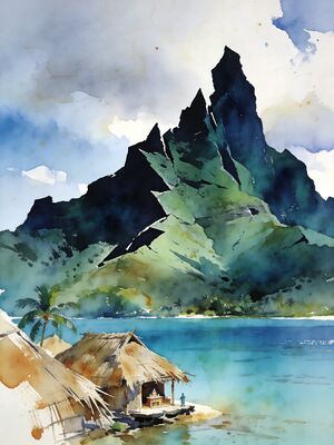 Bora Bora Overwater Bungalows with Mount Otemanu Watercolor Canvas Print