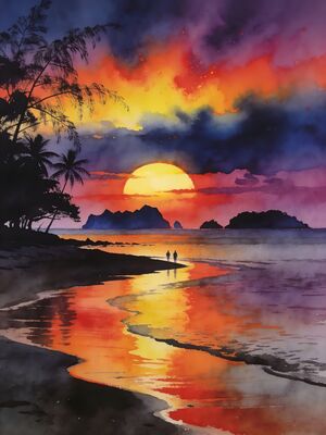 Borneo Sunset Coast Watercolor Canvas Print