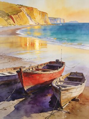 Bournemouth Beach Fishing Boats in Sheltered Bay Watercolor Canvas Print
