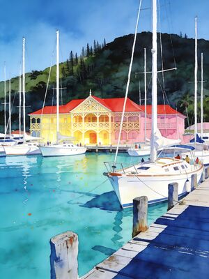 British Virgin Islands Harbor Boats Watercolor Canvas Print
