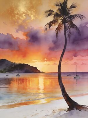 British Virgin Islands Sunset Coast Watercolor Canvas Print