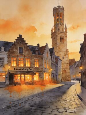 Bruges Belfry Tower Golden Hour Watercolor Canvas Print