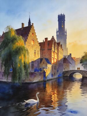 Bruges Canal with Swans Watercolor Canvas Print