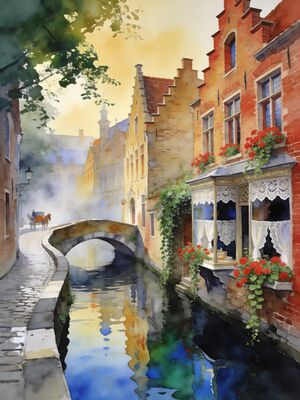 Bruges Lace Shop Lane Watercolor Canvas Print