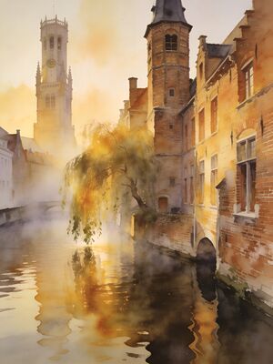 Bruges Skyline at Sunset Watercolor Canvas Print