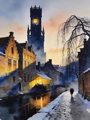 Bruges Winter Golden Hour Watercolor Canvas Print