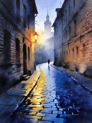 Brussels Historic Quarter Cobblestone Walk Watercolor Canvas Print