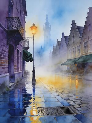 Brussels Historic Church Town Plaza Watercolor Canvas Print
