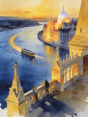 Budapest Chain Bridge Over the Danube at Dusk Watercolor Canvas Print