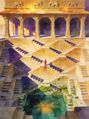 Bundi Step Well Raniji Ki Baori Watercolor Canvas Print