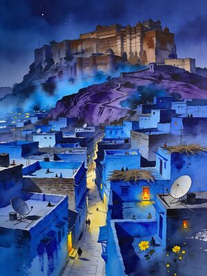 Bundi Nawal Sagar Lake Temple Watercolor Canvas Print