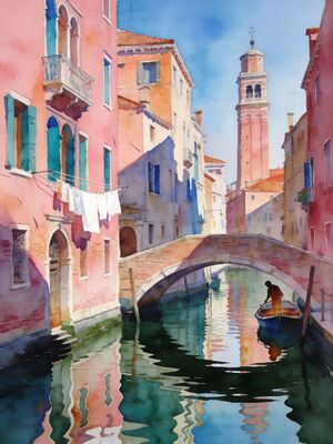 Burano Rainbow Houses Canal Watercolor Canvas Print