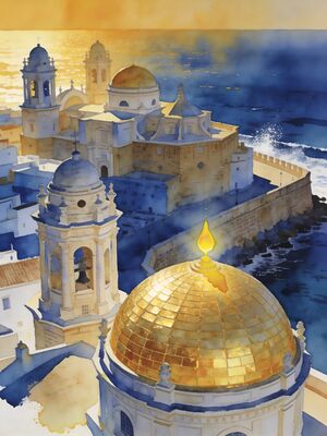 Cadiz Cathedral Atlantic Sea Promenade Watercolor Canvas Print