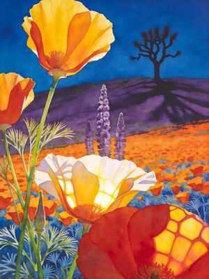 California Poppy Fields Summit Panorama Watercolor Canvas Print