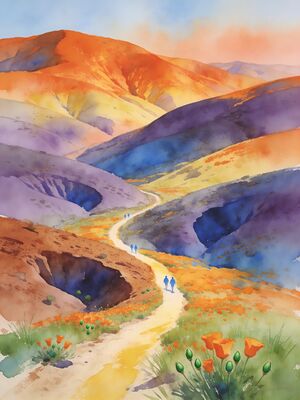 California Poppy Fields Alpine Meadow Watercolor Canvas Print