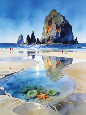 Cannon Beach Haystack Rock Tide Pools Watercolor Canvas Print