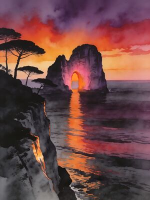 Capri Faraglioni Sunset Coast Watercolor Canvas Print