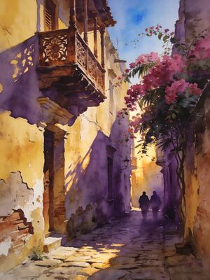 Cartagena Walled City Bougainvillea Balconies Watercolor Canvas Print
