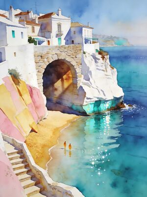 Cascais Praia da Rainha Cove Watercolor Canvas Print