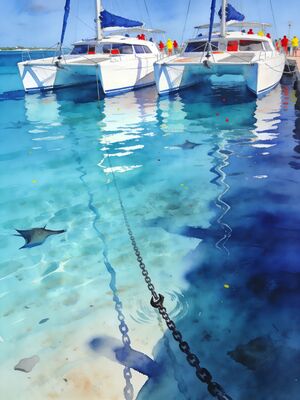 Cayman Islands Harbor with Boats Watercolor Canvas Print