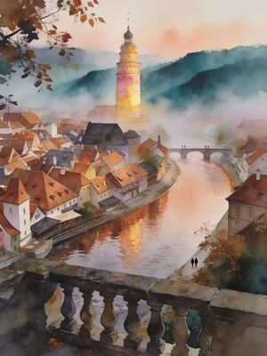 Cesky Krumlov Castle Tower above Vltava Bend Watercolor Canvas Print