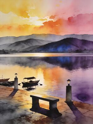 Chandigarh Sukhna Lake Sunset Watercolor Canvas Print