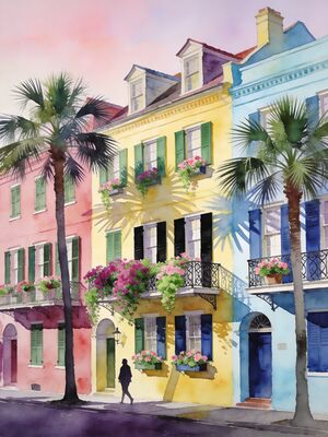 Charleston Battery Promenade at Dusk Watercolor Canvas Print