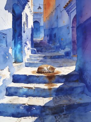 Chefchaouen Blue Medina Stairway Watercolor Canvas Print