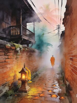 Chiang Mai Historic Quarter Walk Watercolor Canvas Print